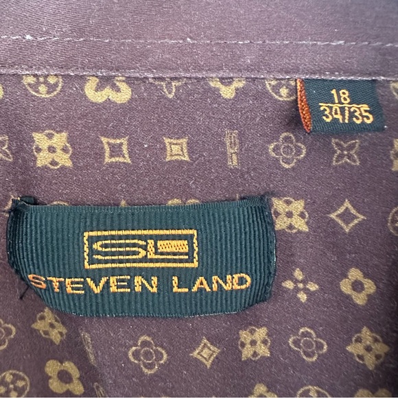 Steven Land Motif Pattern Button Up Dress Shirt Brown Men’s 18 34 / 35 XL - Picture 6 of 10